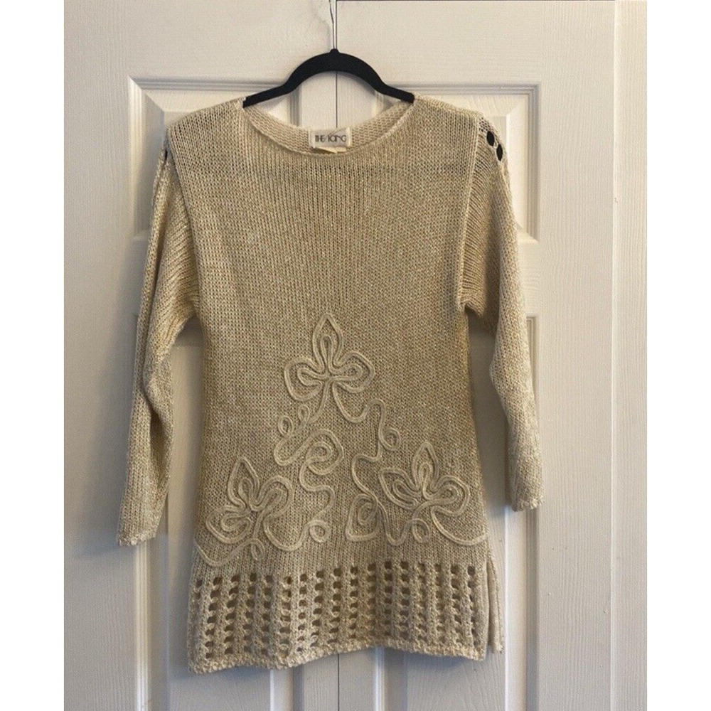 The Icing Vintage Tunic Sweater Womens M Gold Metallic Soutache Crochet Knit